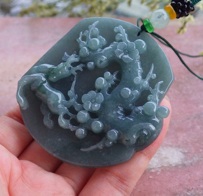 Certified Hand Carved Green Myanmar Burma Natural A Jade jadeite Deer Flower Pendant Necklace