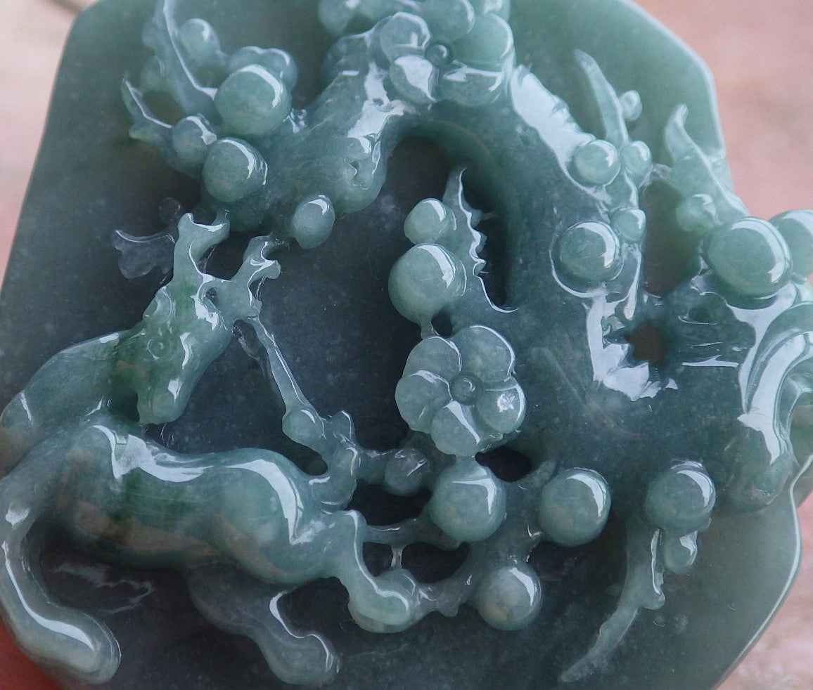 Certified Hand Carved Green Myanmar Burma Natural A Jade jadeite Deer Flower Pendant Necklace