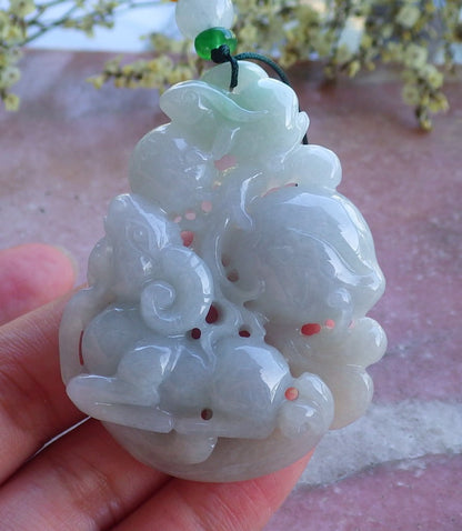 Certified Hand Carved Natural Green Myanmar Burma A Jade jadeite Zodiac Rabbit Deer Ruyi Peach Pendant Necklace