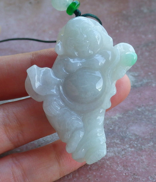 Certified Hand Carved Icy Green Myanmar Burma A Jade jadeite Happy Buddha God Pendant Necklace