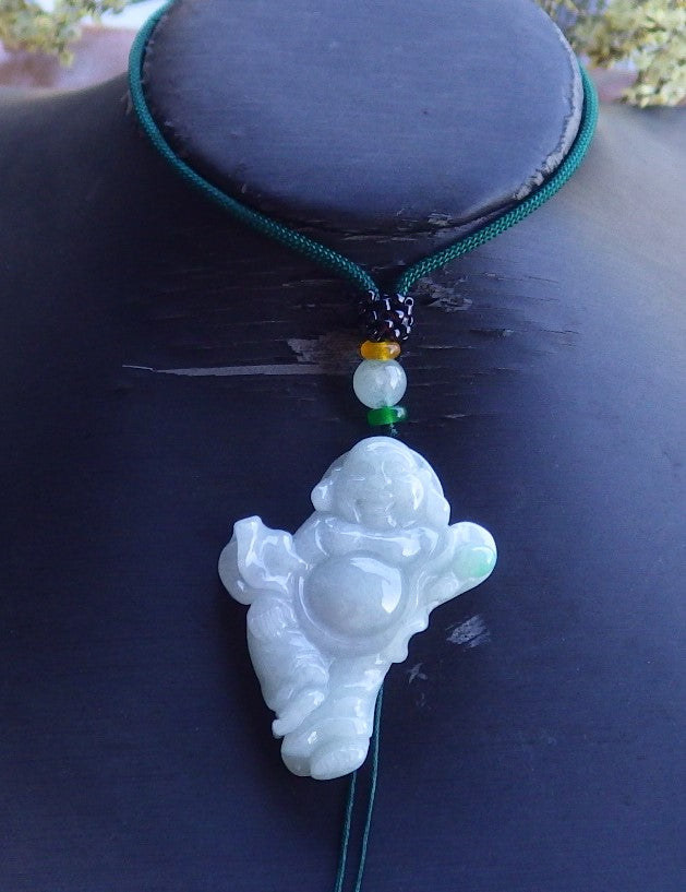 Certified Hand Carved Icy Green Myanmar Burma A Jade jadeite Happy Buddha God Pendant Necklace