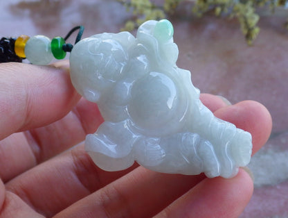 Certified Hand Carved Icy Green Myanmar Burma A Jade jadeite Happy Buddha God Pendant Necklace