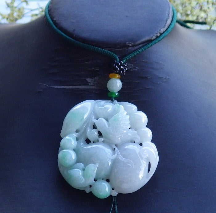 Certified Hand Carved Natural Myanmar Burma A Jade jadeite Mandarin Duck Bird Pendant Necklace