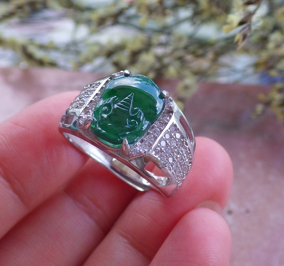 Certified Hand Carved Green Natural Myanmar Burma A JADE Jadeite Dragon Pi Xiu Ring US 6.75 authentic