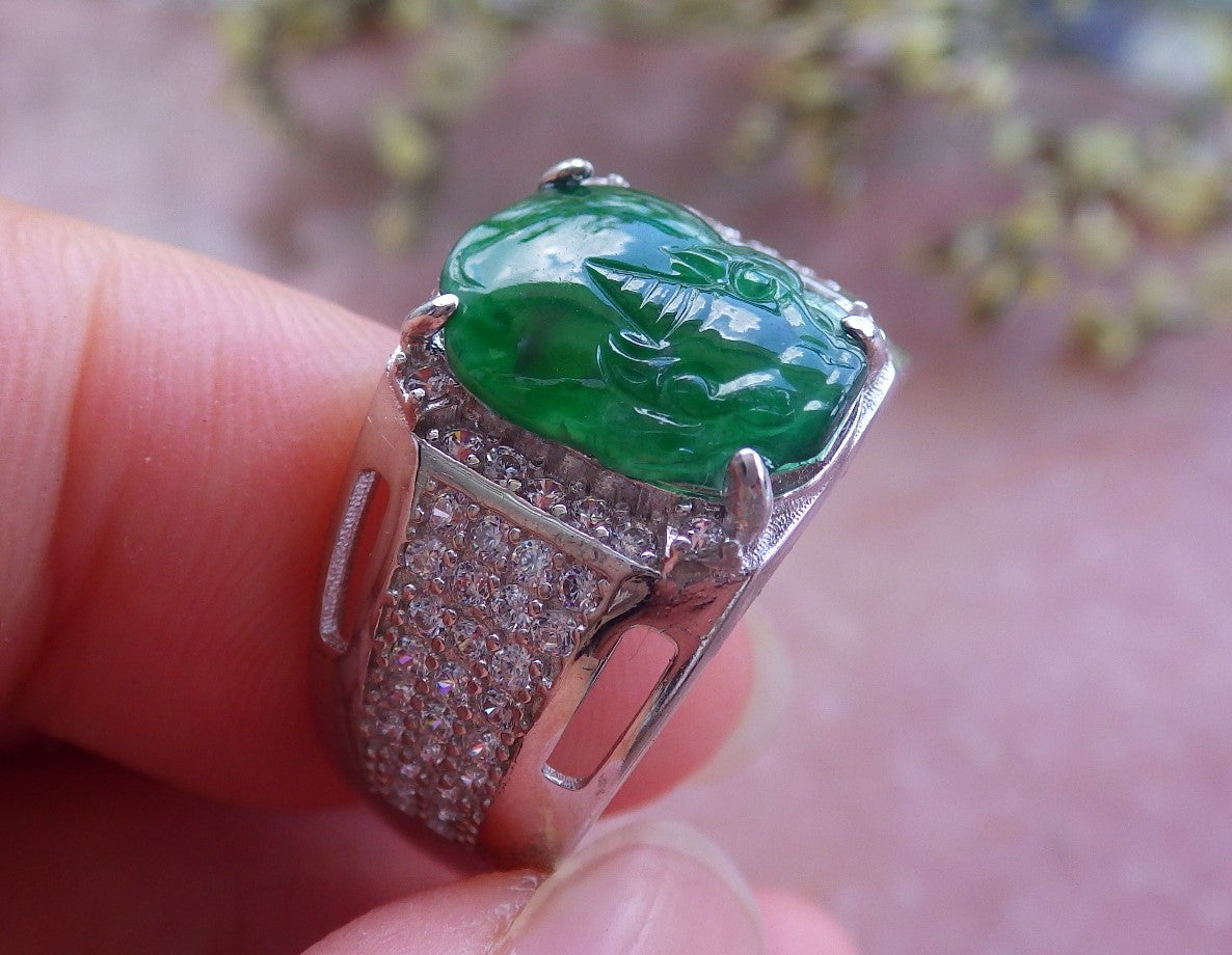 Certified Natural Icy Green Silver 925 A Myanmar Burma A JADE Jadeite Cabochon US 9 Tiger Ring ( Adjustable Size Ring )