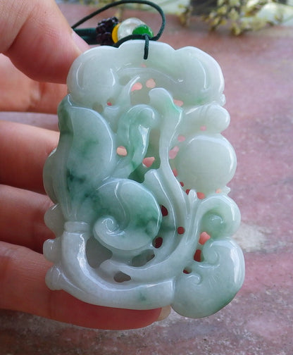 Certified Hand Carved Natural Green Myanmar Burma A Jade jadeite Zodiac Rabbit Deer Ruyi Lotus Pendant Necklace