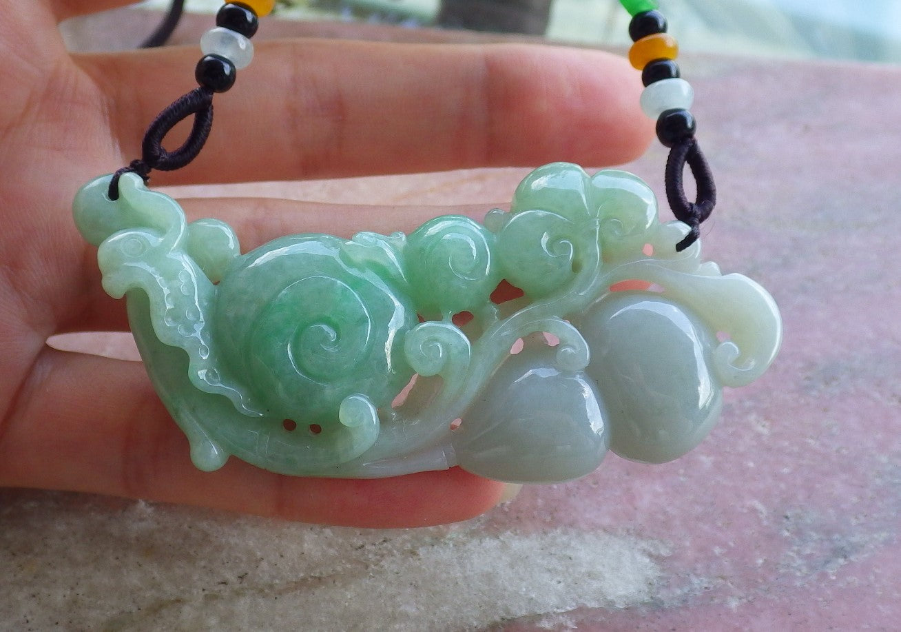 Certified Hand Carved Natural Myanmar Burma A Jade jadeite Snail Ruyi Gourd Pendant Necklace