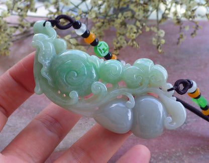 Certified Hand Carved Natural Myanmar Burma A Jade jadeite Snail Ruyi Gourd Pendant Necklace