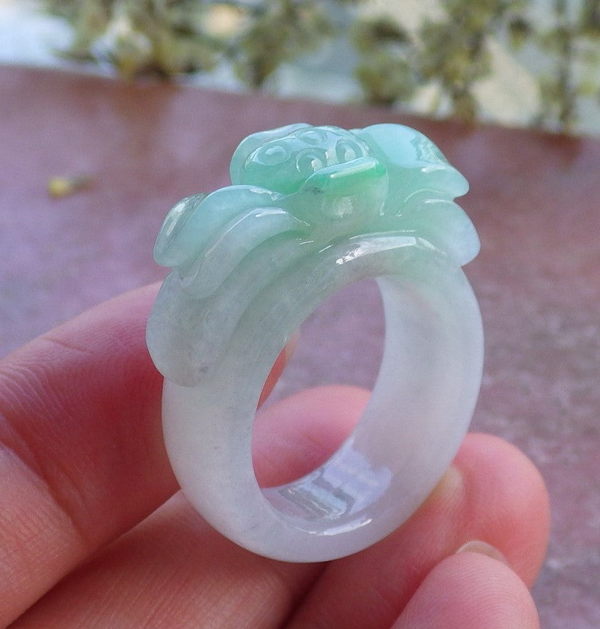 Certified Hand Carved Myanmar Green Natural Myanmar Burma A JADE Jadeite Flower US 8.75 Ring