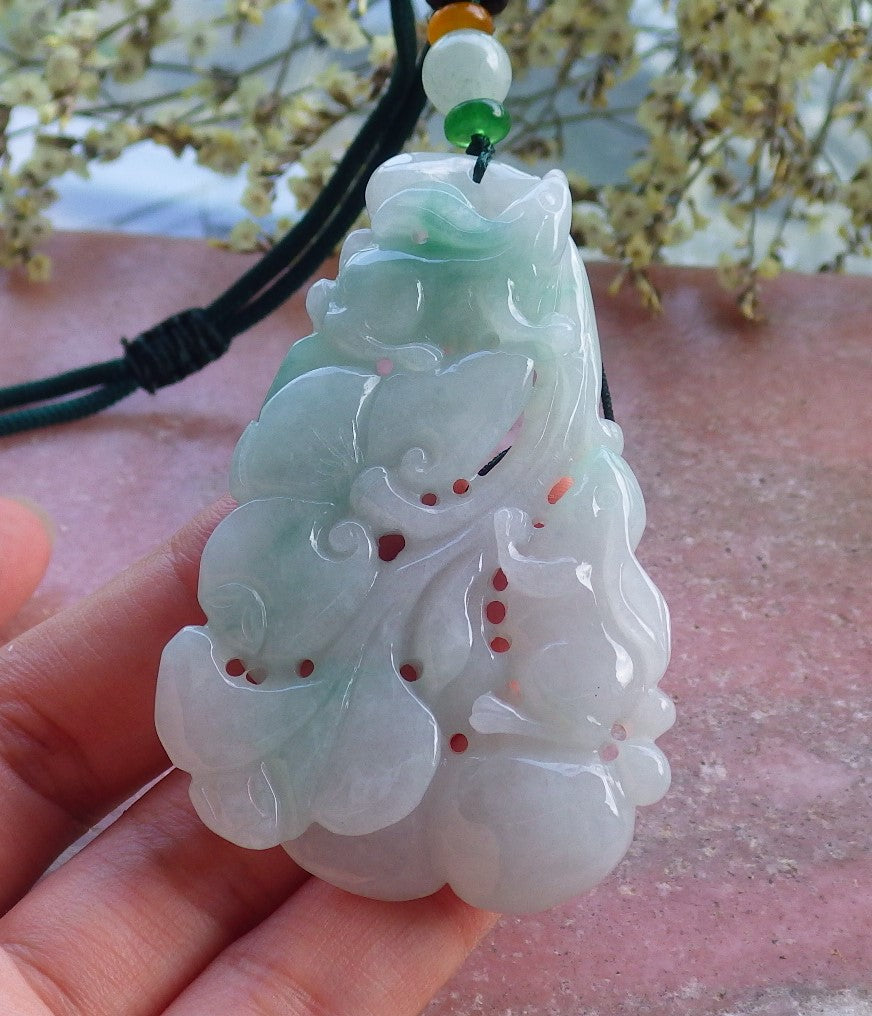 Certified Hand Carved Natural Green Myanmar Burma A Jade jadeite Zodiac Rabbit Lotus Flower Pendant Necklace