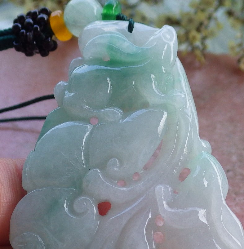 Certified Hand Carved Natural Green Myanmar Burma A Jade jadeite Zodiac Rabbit Lotus Flower Pendant Necklace