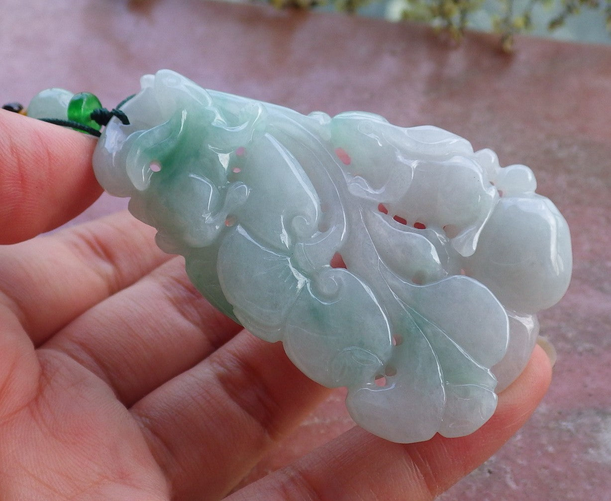 Certified Hand Carved Natural Green Myanmar Burma A Jade jadeite Zodiac Rabbit Lotus Flower Pendant Necklace