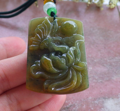 Certified Hand Carved Natural Myanmar Burma A Jade jadeite Butterfly Lotus Flower Pendant Necklace