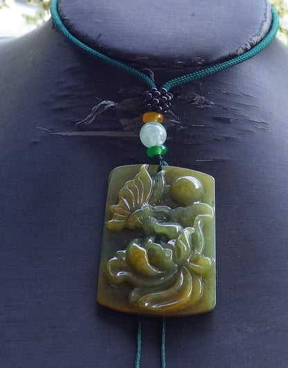 Certified Hand Carved Natural Myanmar Burma A Jade jadeite Butterfly Lotus Flower Pendant Necklace