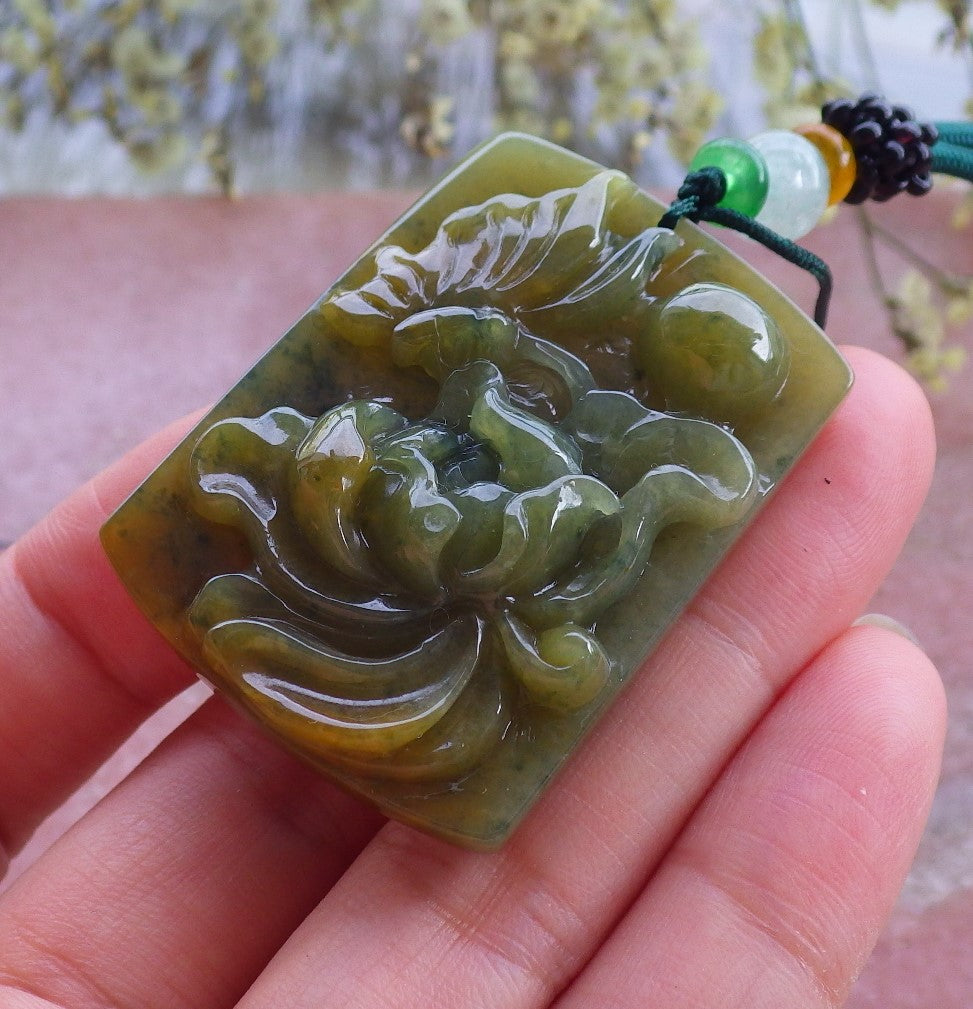 Certified Hand Carved Natural Myanmar Burma A Jade jadeite Butterfly Lotus Flower Pendant Necklace