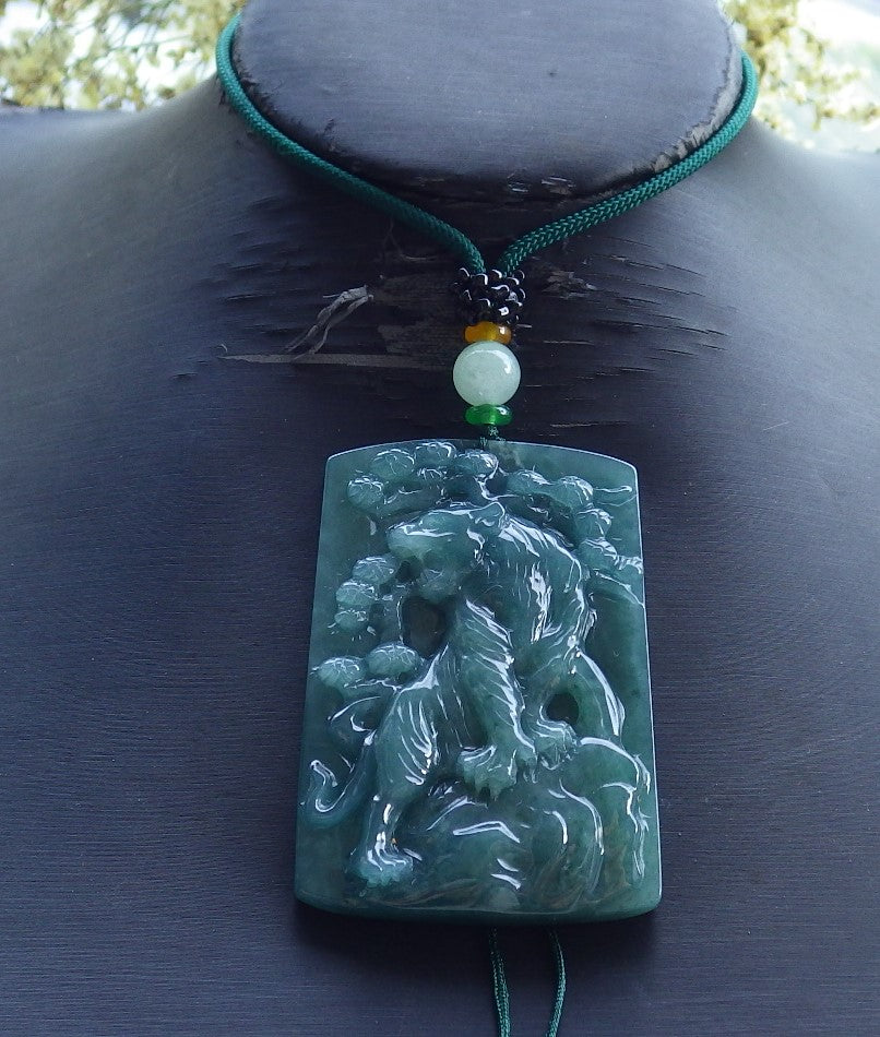 Certified Hand Carved Icy Green Natural Burma Myanmar A Jade Tiger Zodiac Lucky Amulet Pendant Necklace