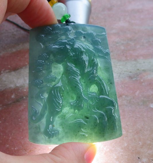 Certified Hand Carved Icy Green Natural Burma Myanmar A Jade Tiger Zodiac Lucky Amulet Pendant Necklace