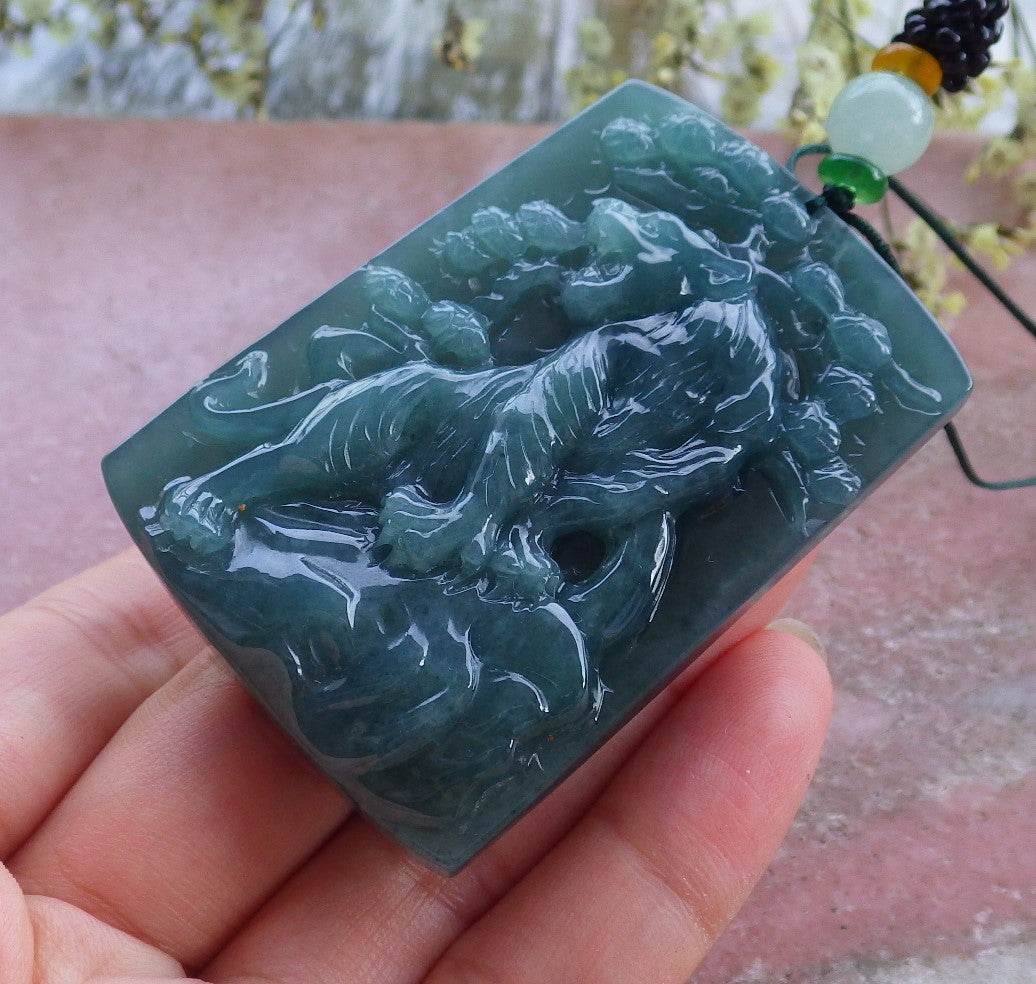 Certified Hand Carved Icy Green Natural Burma Myanmar A Jade Tiger Zodiac Lucky Amulet Pendant Necklace