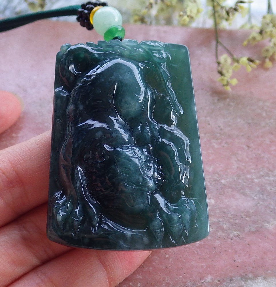 Certified Hand Carved Icy Green Natural Burma Myanmar A Jade Tiger Zodiac Lucky Amulet Pendant Necklace