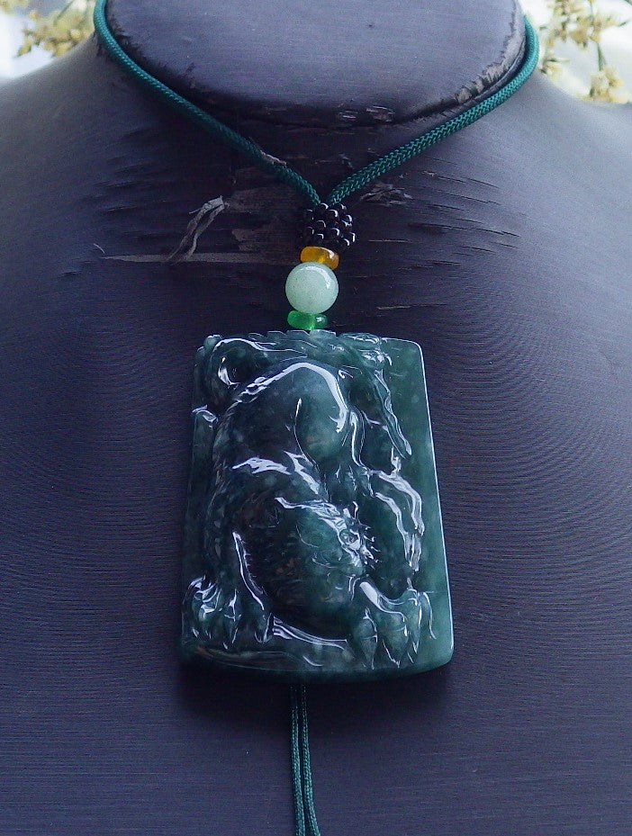 Certified Hand Carved Icy Green Natural Burma Myanmar A Jade Tiger Zodiac Lucky Amulet Pendant Necklace