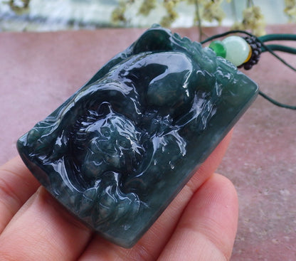 Certified Hand Carved Icy Green Natural Burma Myanmar A Jade Tiger Zodiac Lucky Amulet Pendant Necklace