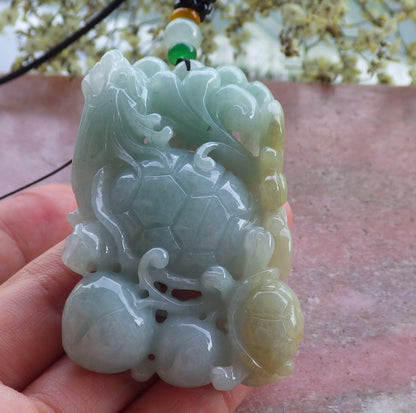 Certified Hand Carved Natural Myanmar Burma A Jade Jadeite Dragon Turtle Ruyi Pendant Necklace