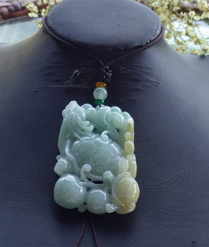 Certified Hand Carved Natural Myanmar Burma A Jade Jadeite Dragon Turtle Ruyi Pendant Necklace