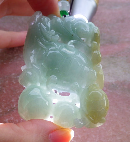 Certified Hand Carved Natural Myanmar Burma A Jade Jadeite Dragon Turtle Ruyi Pendant Necklace