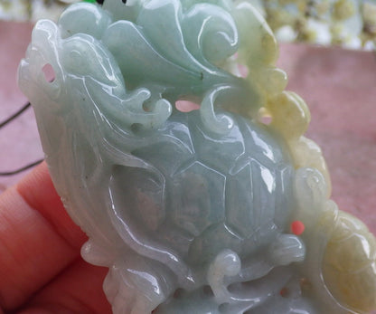 Certified Hand Carved Natural Myanmar Burma A Jade Jadeite Dragon Turtle Ruyi Pendant Necklace