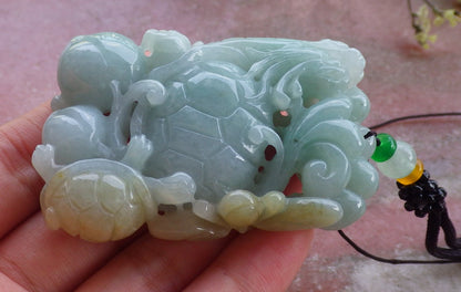 Certified Hand Carved Natural Myanmar Burma A Jade Jadeite Dragon Turtle Ruyi Pendant Necklace