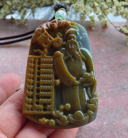 Certified Hand Carved Natural Myanmar Burma A Jade Landscape Painting Money God Pendant Necklace