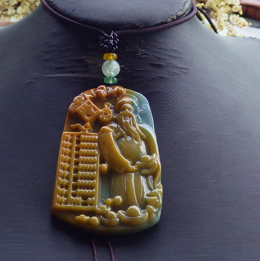 Certified Hand Carved Natural Myanmar Burma A Jade Landscape Painting Money God Pendant Necklace