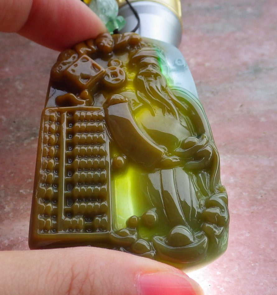 Certified Hand Carved Natural Myanmar Burma A Jade Landscape Painting Money God Pendant Necklace