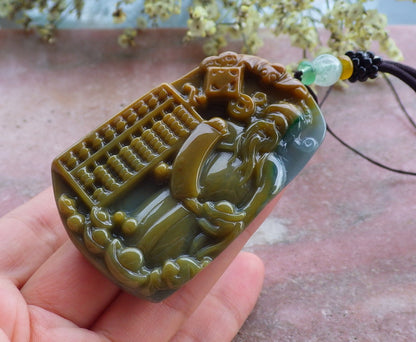 Certified Hand Carved Natural Myanmar Burma A Jade Landscape Painting Money God Pendant Necklace