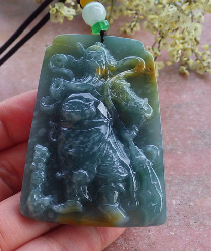 Certified Hand Carved Natural Myanmar Burma A Jade jadeite Fight God Guan Gong God Guangyu Sword Broadword Pendant Necklace