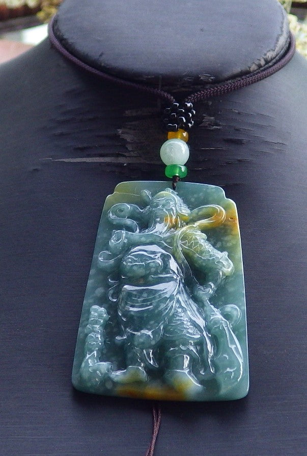 Certified Hand Carved Natural Myanmar Burma A Jade jadeite Fight God Guan Gong God Guangyu Sword Broadword Pendant Necklace