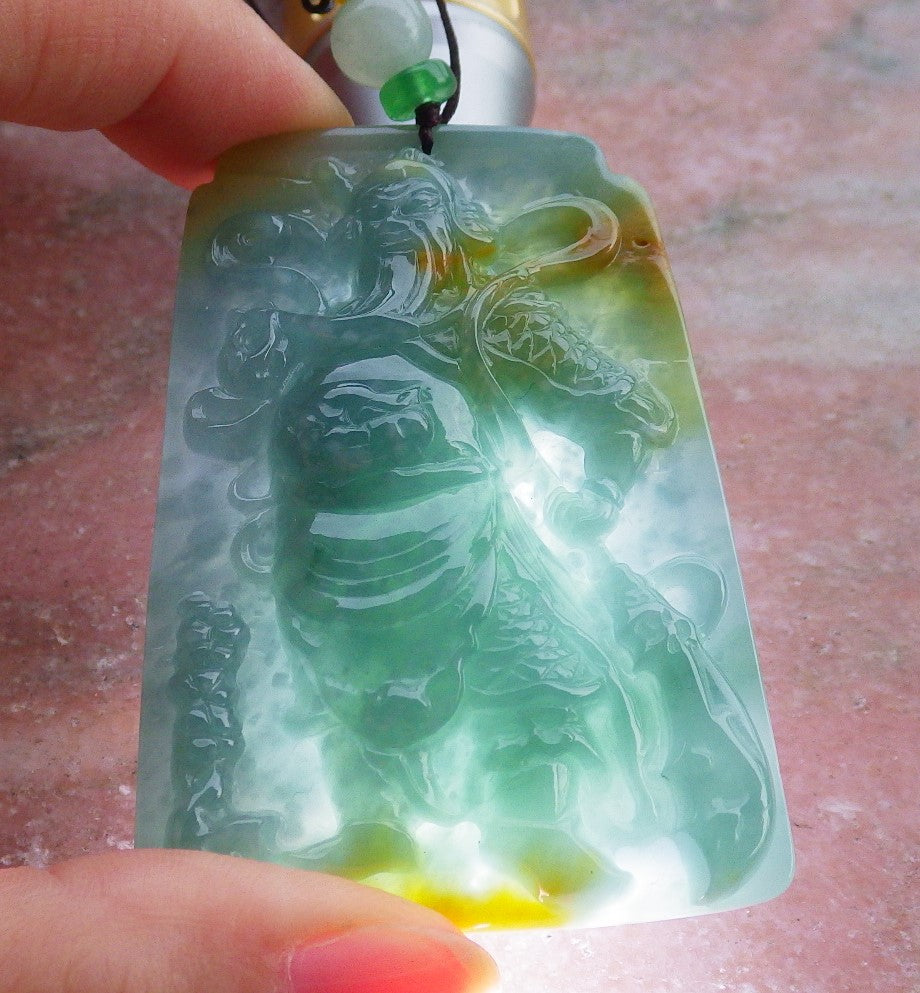 Certified Hand Carved Natural Myanmar Burma A Jade jadeite Fight God Guan Gong God Guangyu Sword Broadword Pendant Necklace