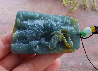 Certified Hand Carved Natural Myanmar Burma A Jade jadeite Fight God Guan Gong God Guangyu Sword Broadword Pendant Necklace