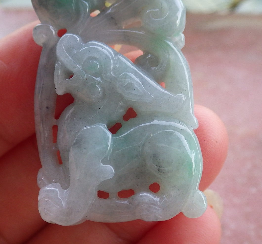 Certified Hand Carved Natural Myanmar Burma A Jade jadeite Dragon Peach Lucky Amulet Pendant Necklace