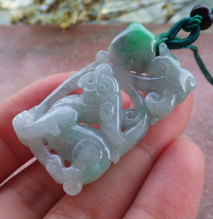 Certified Hand Carved Natural Myanmar Burma A Jade jadeite Dragon Peach Lucky Amulet Pendant Necklace