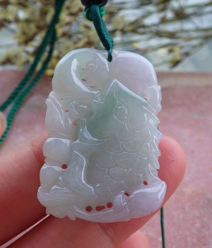 Certified Hand Carved Natural Myanmar Burma A Jade Jadeite Fish Lotus Leaf Pendant Necklace