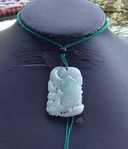 Certified Hand Carved Natural Myanmar Burma A Jade Jadeite Fish Lotus Leaf Pendant Necklace