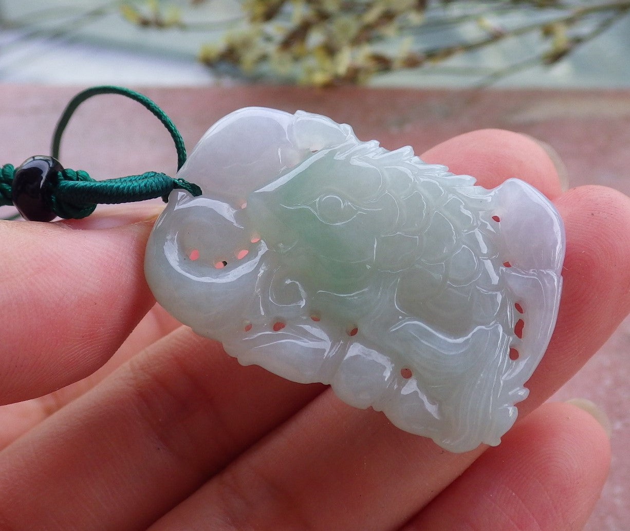 Certified Hand Carved Natural Myanmar Burma A Jade Jadeite Fish Lotus Leaf Pendant Necklace