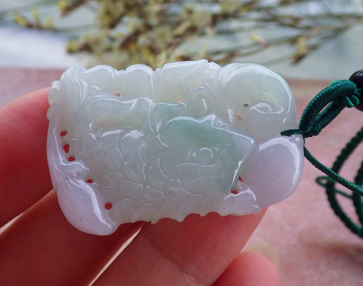 Certified Hand Carved Natural Myanmar Burma A Jade Jadeite Fish Lotus Leaf Pendant Necklace