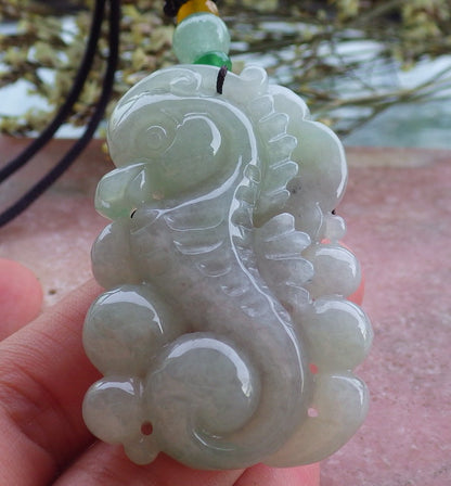 Certified Hand Carved Natural Myanmar Burma A Jade jadeite Sea Horse Pendant Necklace