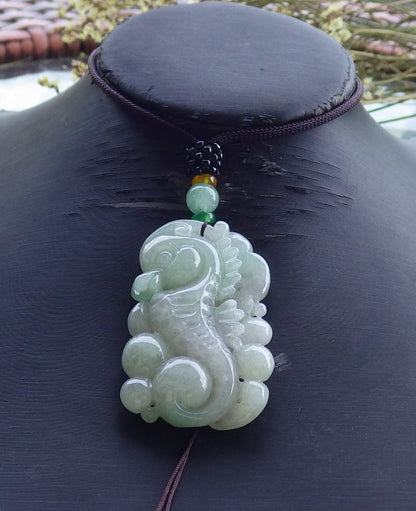 Certified Hand Carved Natural Myanmar Burma A Jade jadeite Sea Horse Pendant Necklace