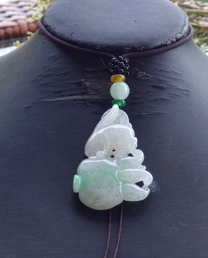 Certified Hand Carved Natural Myanmar Burma A Jade jadeite Zodiac Rabbit Ginseng Pendant Necklace