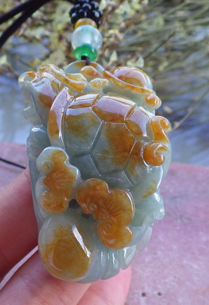 Certified Hand Carved Natural Myanmar Burma A Jade Jadeite Dragon Turtle Ruyi Pendant Necklace