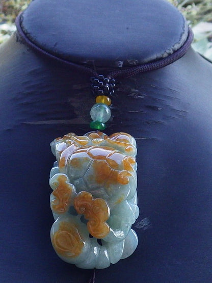 Certified Hand Carved Natural Myanmar Burma A Jade Jadeite Dragon Turtle Ruyi Pendant Necklace