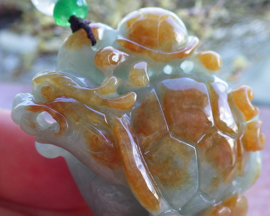 Certified Hand Carved Natural Myanmar Burma A Jade Jadeite Dragon Turtle Ruyi Pendant Necklace